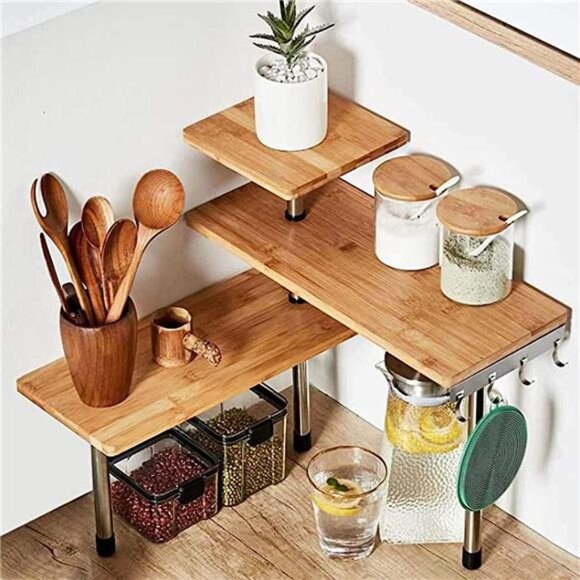 3 Tier Corner Shelf Bamboo & Metal Storage Spice Rack-Desk Bookshelf Display - Picture 1 of 5